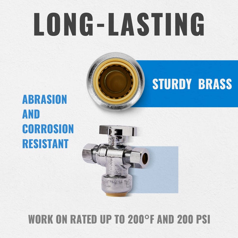 SUNGATOR Dual Compression Outlet Stop Valve, 1/2" Push-to-Connect x 3/8" Compression Push Fit Shut Off Water Valve with Disconnect Clip & Tape, Chrome Plated No Lead Brass for PEX, Copper, CPVC - Image 3